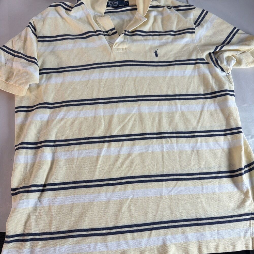 Ralph Lauren Polo Shirt - Yellow with Blue And White Stripes - XL